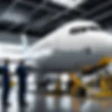 Aircraft in maintenance with technicians assessing systems