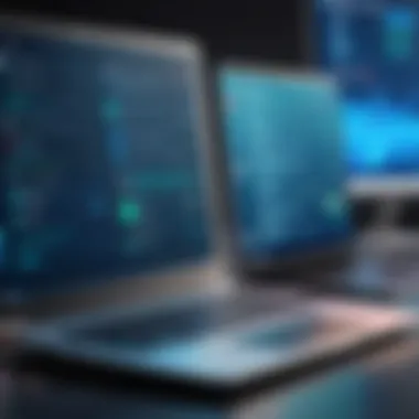 Diverse Laptop Security Software Interfaces An illustration showing various laptop security software interfaces on a digital workspace.