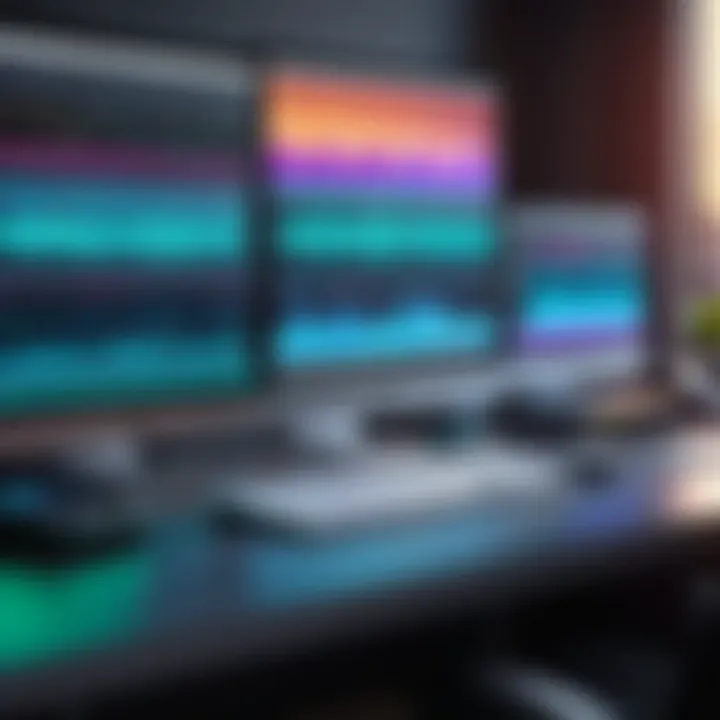 A vibrant workspace with audio waves and editing software in action.