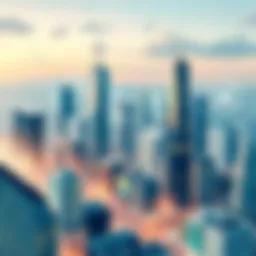 Dynamic city skyline with digital marketing overlays