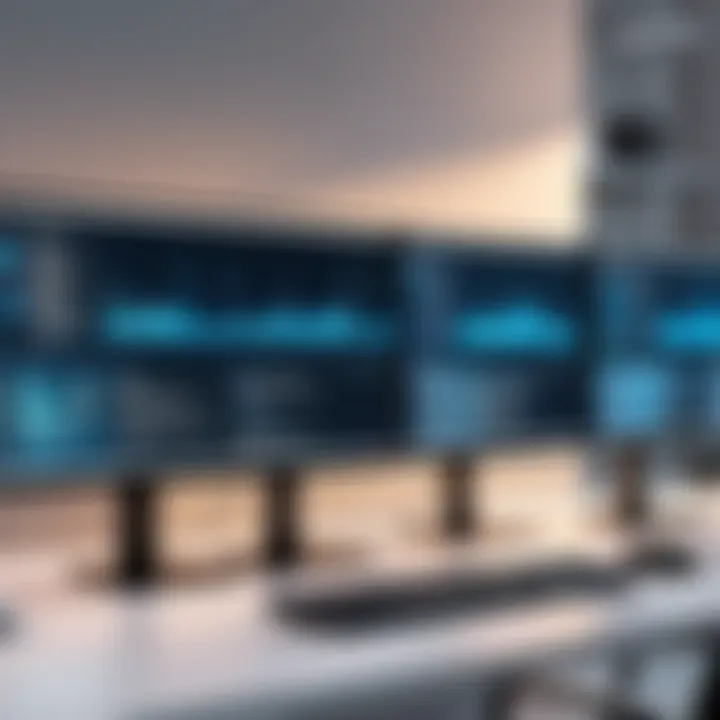 A modern workspace with multiple screens displaying coding and design software.