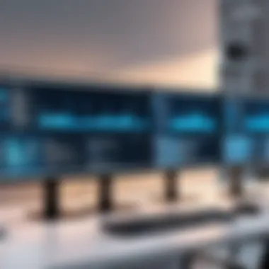 Modern Workspace for Development A modern workspace with multiple screens displaying coding and design software.