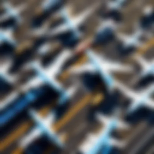 Aerial view of freight planes at a busy airport