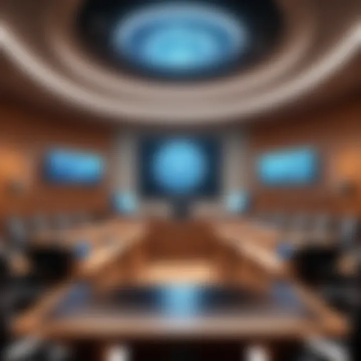 A futuristic courtroom equipped with advanced technology for legal proceedings.
