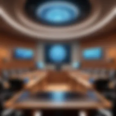 Futuristic Courtroom Technology A futuristic courtroom equipped with advanced technology for legal proceedings.