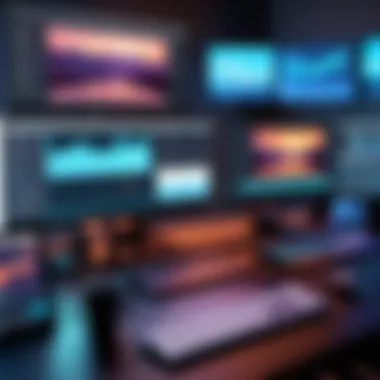 Creative Editing Workspace A creative workspace displaying multiple screens with video editing in progress, highlighting music synchronization.