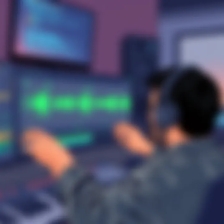 Engaging with Audio Waveforms A sound editor engaging with audio waveforms on a digital platform
