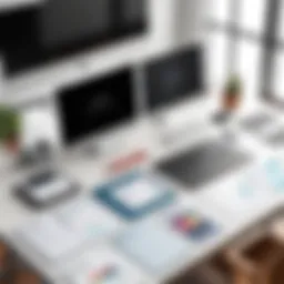 Elevated view of a professional workspace with leadership materials