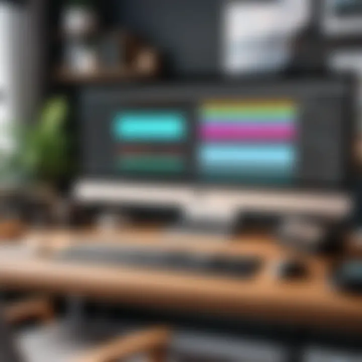 A creative workspace featuring video editing software